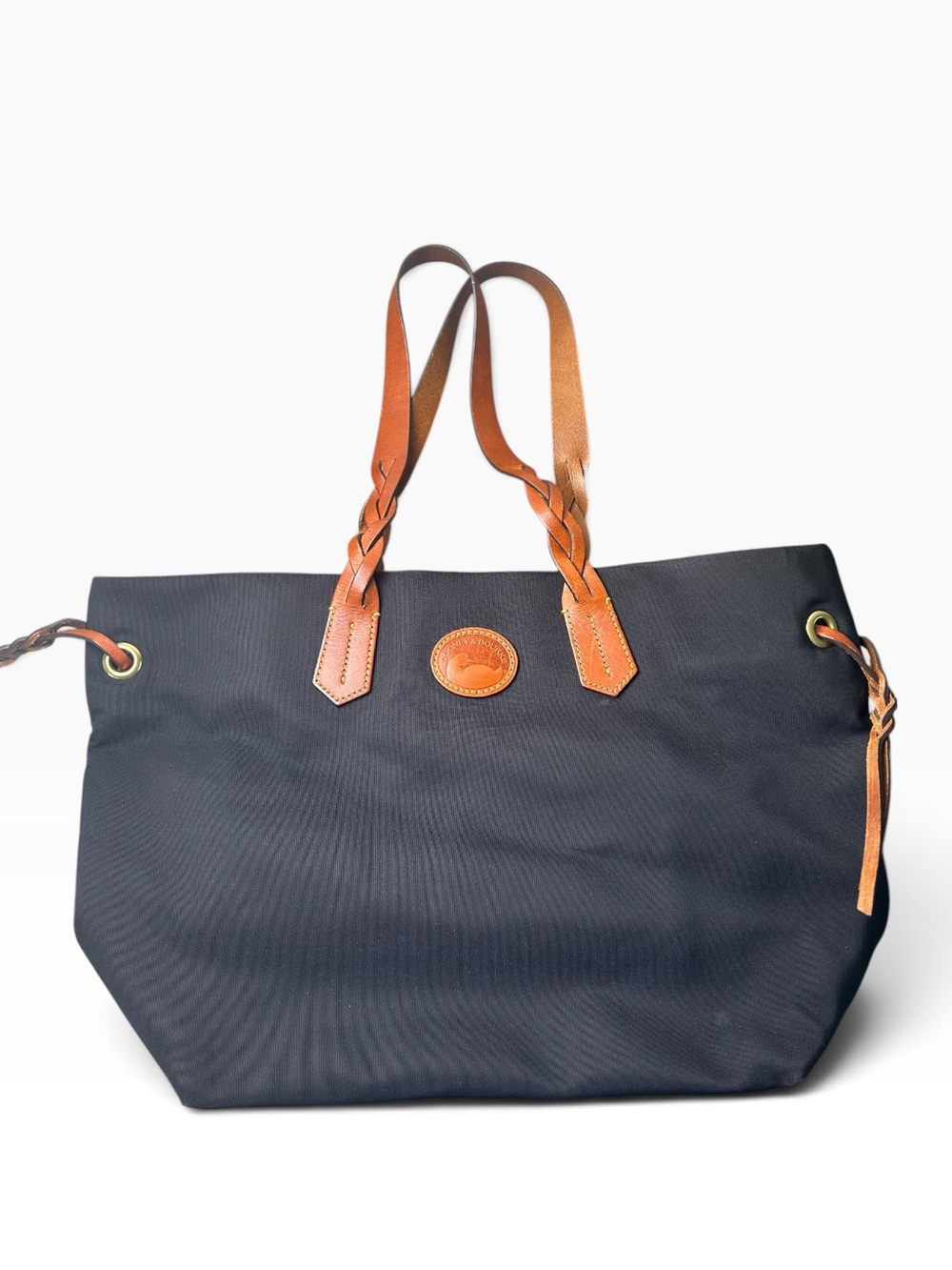 Dooney & Bourke Black Tote Brown Braided Leather Straps Red Lining